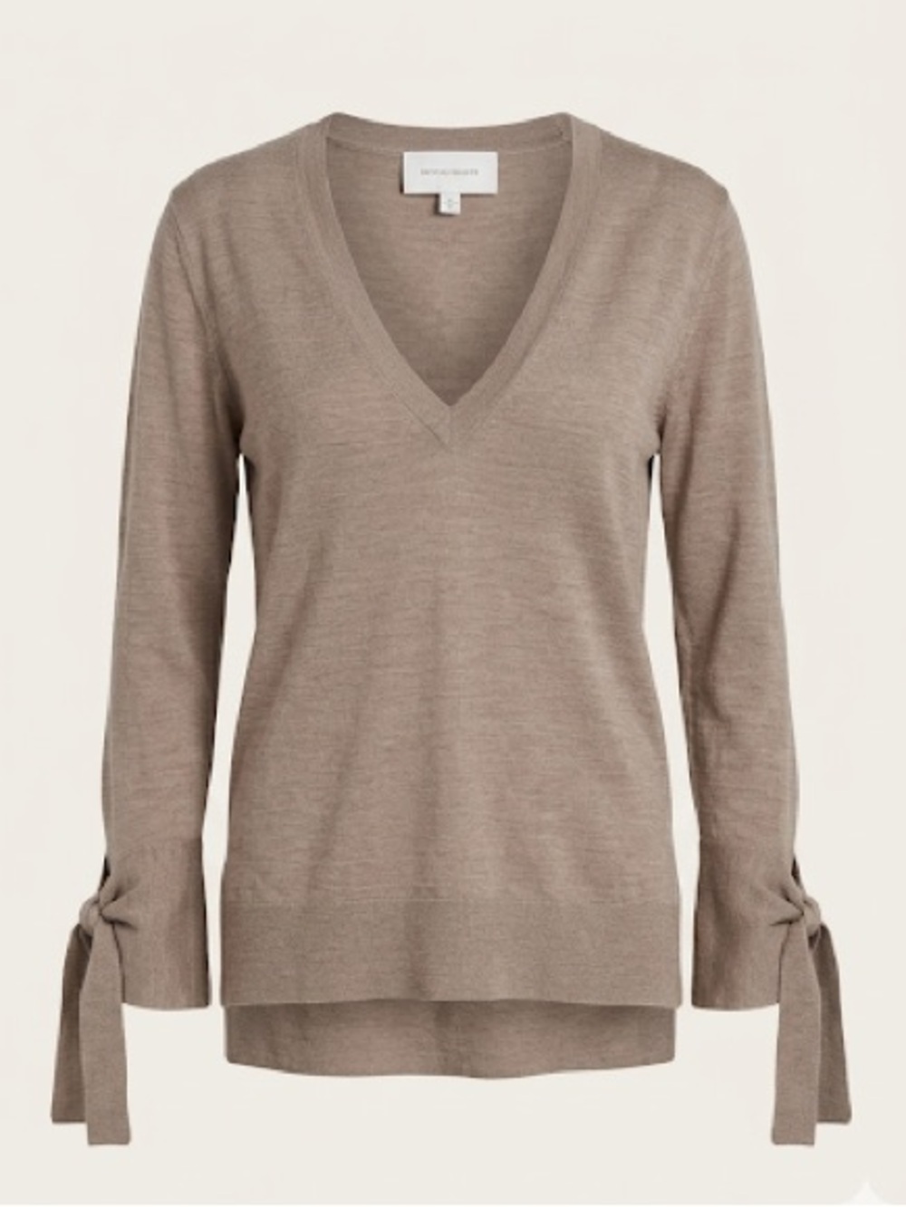 Brochu Walker 100% Merino Wool V-Neck Tie Cuff Sweater Taupe  - Size Small
